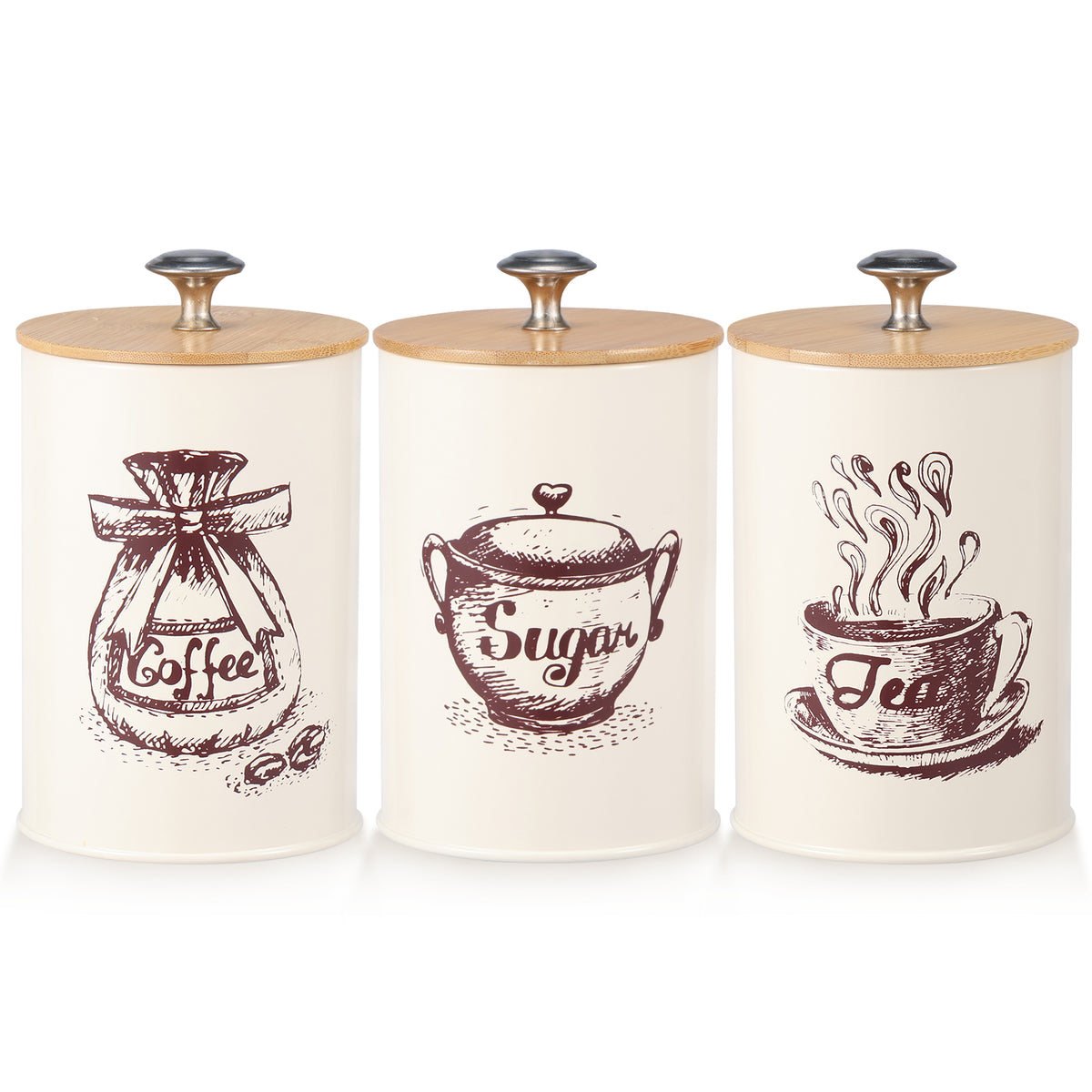 Vintage Metal Canister Set with Airtight Bamboo Lids - Coffee, Sugar, Tea Storage - 3 Piece Beige Kitchen Containers