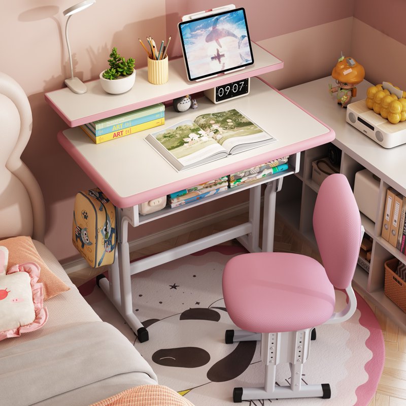 Kids Study Desk and Chair Set with LED Lamp, Book Stand & Storage Drawer