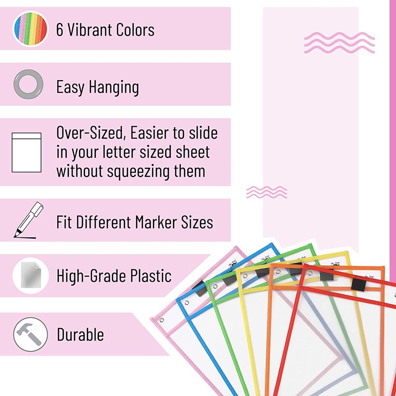 Dry Erase Pocket Sleeves Set of 6 - A4 10x14 Inch Colorful Plastic Sheets