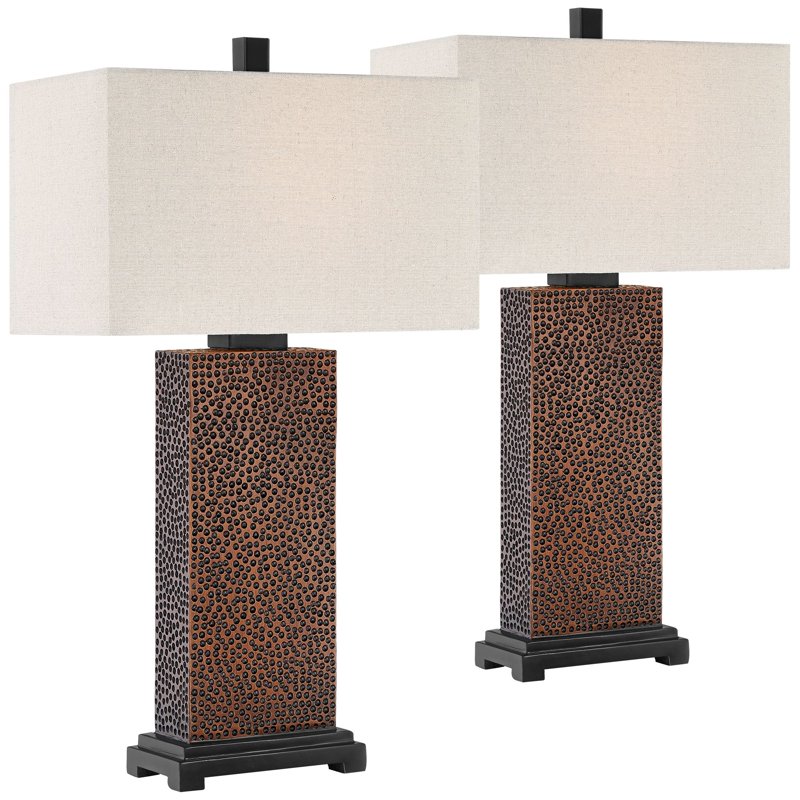 Rustic Farmhouse Table Lamps Set of 2 - Bronze Hammered Finish Rectangular Shades 24.75"