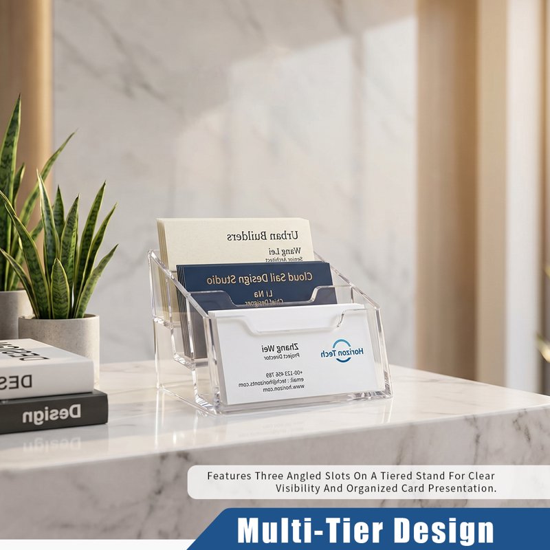 3-Tier Clear Acrylic Business Card Holder - Desktop Display Stand for Office & Reception