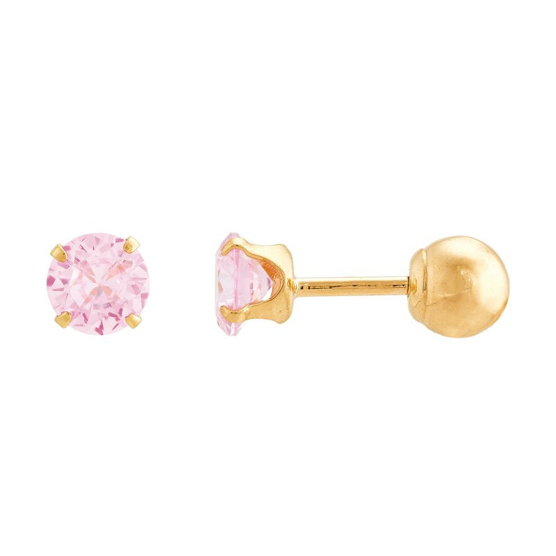 Pink Cubic Zirconia Ball Back Earrings in 14K Yellow Gold - Secure Studs, 4MM