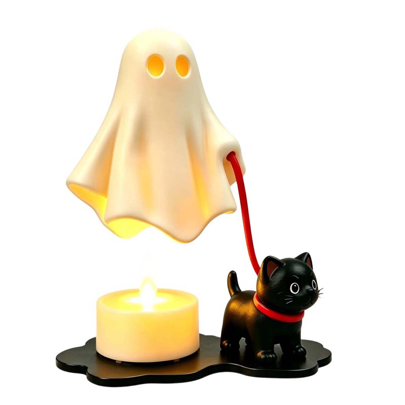 Halloween Ghost Walking Cat Figurine Lamp with Candle Warmer - Gothic Resin Night Light