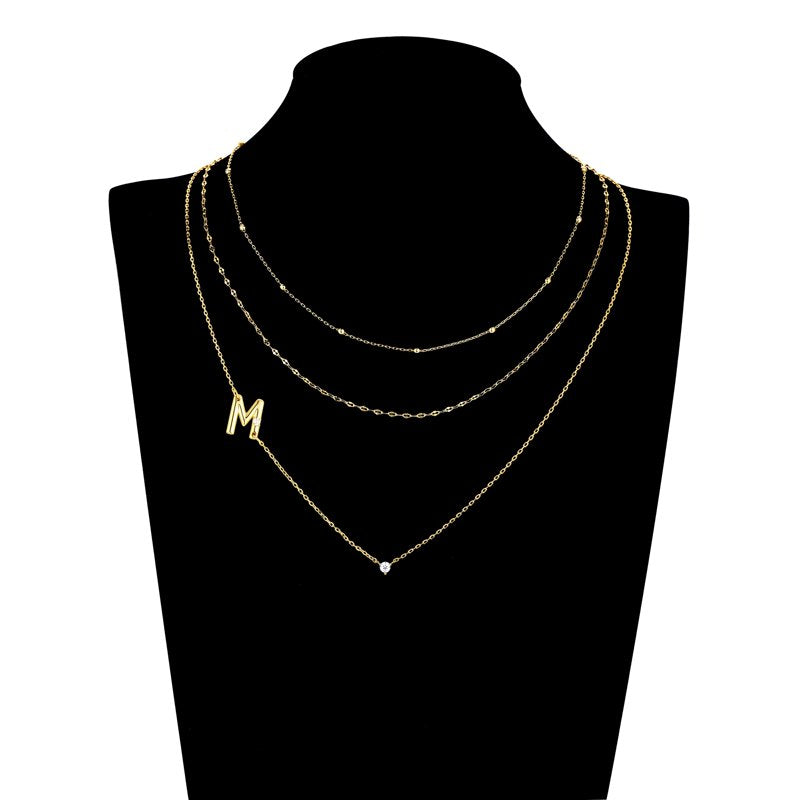 Gold Plated Initial Necklace Set with Cubic Zirconia - Multiple Letters