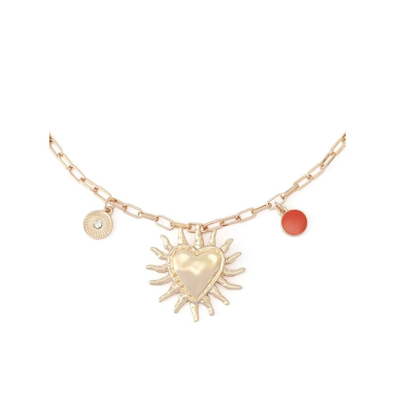 Women's Red Heart Sun Charm Bib Necklace - Adjustable Gold Tone Jewelry