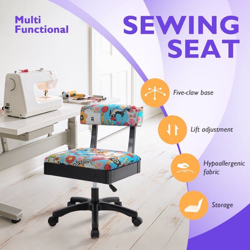 Hydraulic Armless Sewing Chair with Adjustable Height and Under Seat Storage - Blue