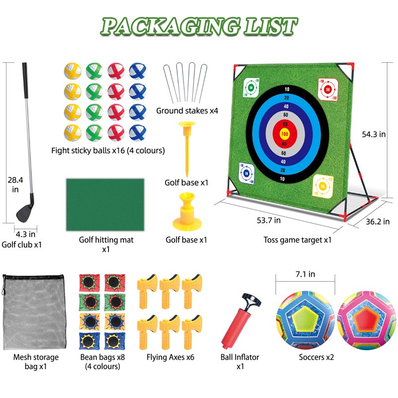 Golf Chipping Game Set with Mat, 12 Sticky Balls, 6 Axes, 2 Soccer Balls & 8 Bean Bags – Indoor/Outdoor Practice