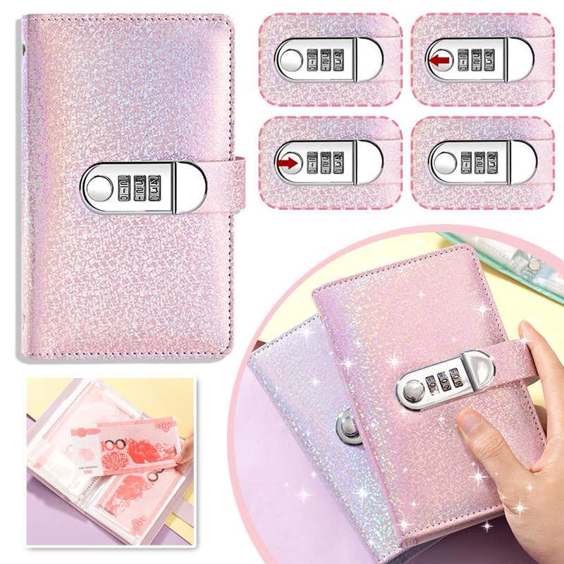 Combination Lock Cash Deposit Book - PU Leather Savings Organizer, Pink, 50 Pages