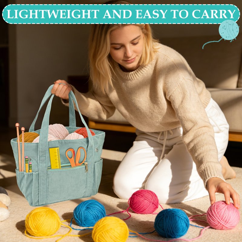 Crochet Bag Organizer and Yarn Tote Set with Needle Pocket and Yarn Holes