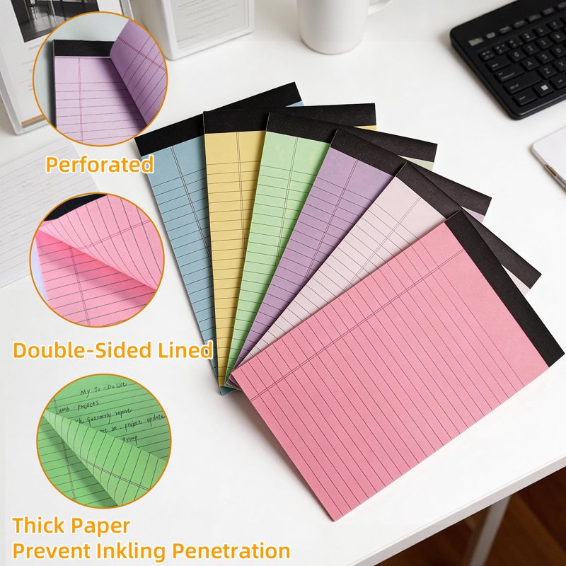 Colorful Legal Pads 6 Pack - 5 x 8 Inch Lined Notepads for Office and School