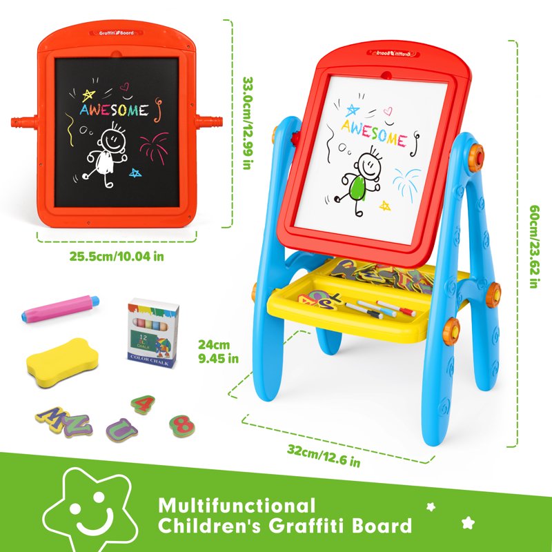 Double-Sided Kids Art Easel with Magnetic Whiteboard & Chalkboard – Educational Gift for Ages 2-6