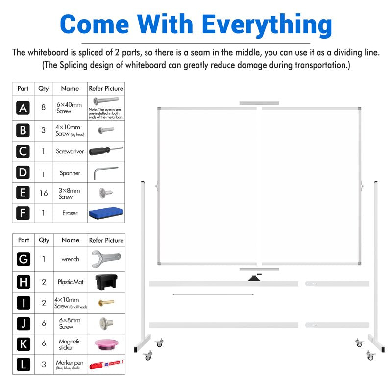 Mobile Double-Sided Magnetic Whiteboard with Stand - 60x48 Inch or 40x24 Inch