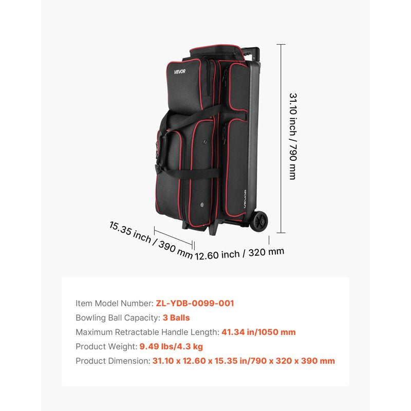 3-Ball Bowling Bag with Wheels & Shoe Compartment - Heavy Duty, Waterproof