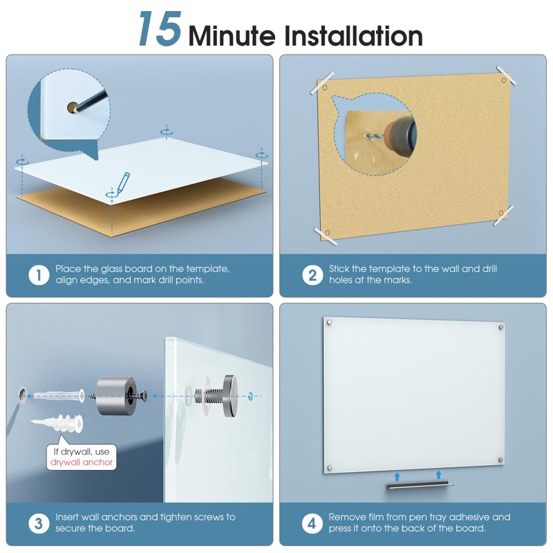 Magnetic Glass Whiteboard 36x24 Inch Frameless Dry Erase Board Office Home