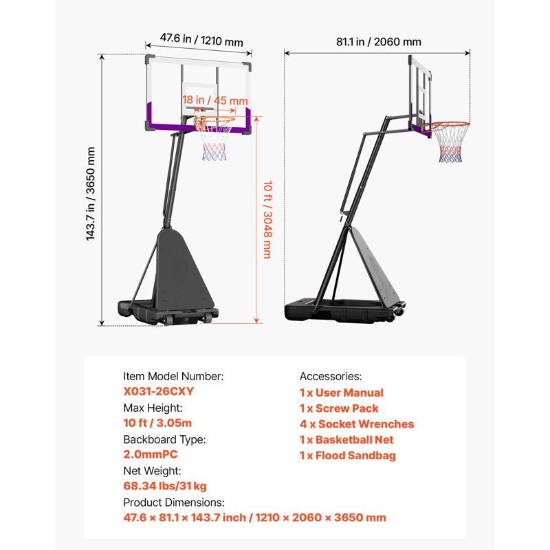Portable Basketball Hoop System with Adjustable Height and Shatterproof Backboard for Indoor & Outdoor Play
