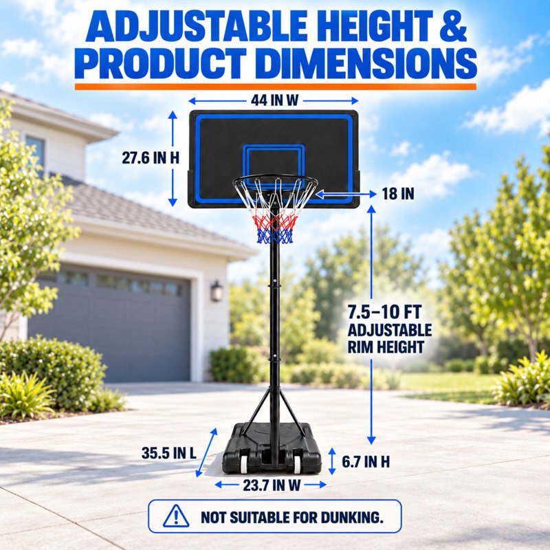 Weatherproof Portable Basketball System with Adjustable Height and Impact-Resistant Backboard