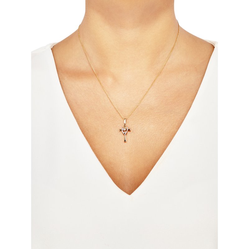 Gold-Filled Cross Pendant Necklace with Heart Cubic Zirconia - 18 Inch