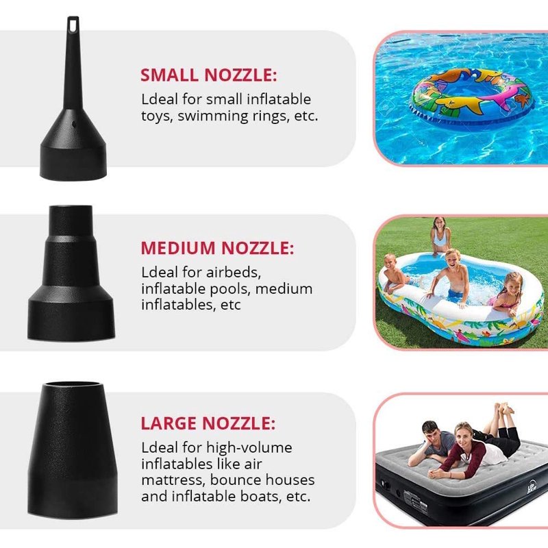 Electric Inflatable Pump for Air Mattresses, Pool Floats & Inflatables - Portable with 3 Nozzles