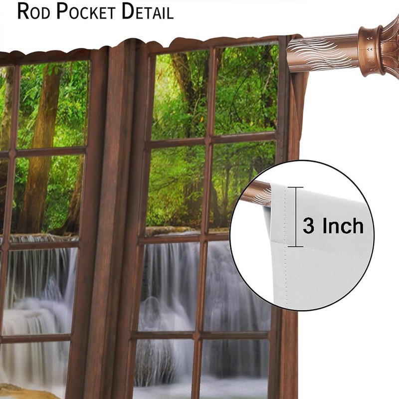 Rustic Forest Landscape Waterfall Curtains - Soundproof Window Drapes for Bedroom & Living Room