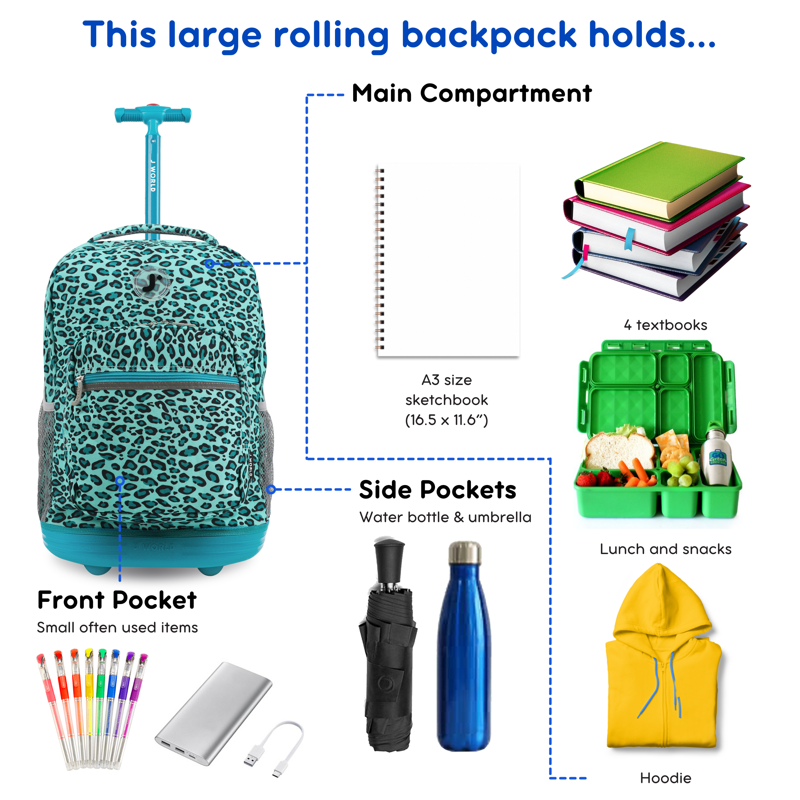 Girls 18-Inch Rolling Backpack for School and Travel - Mint Leopard