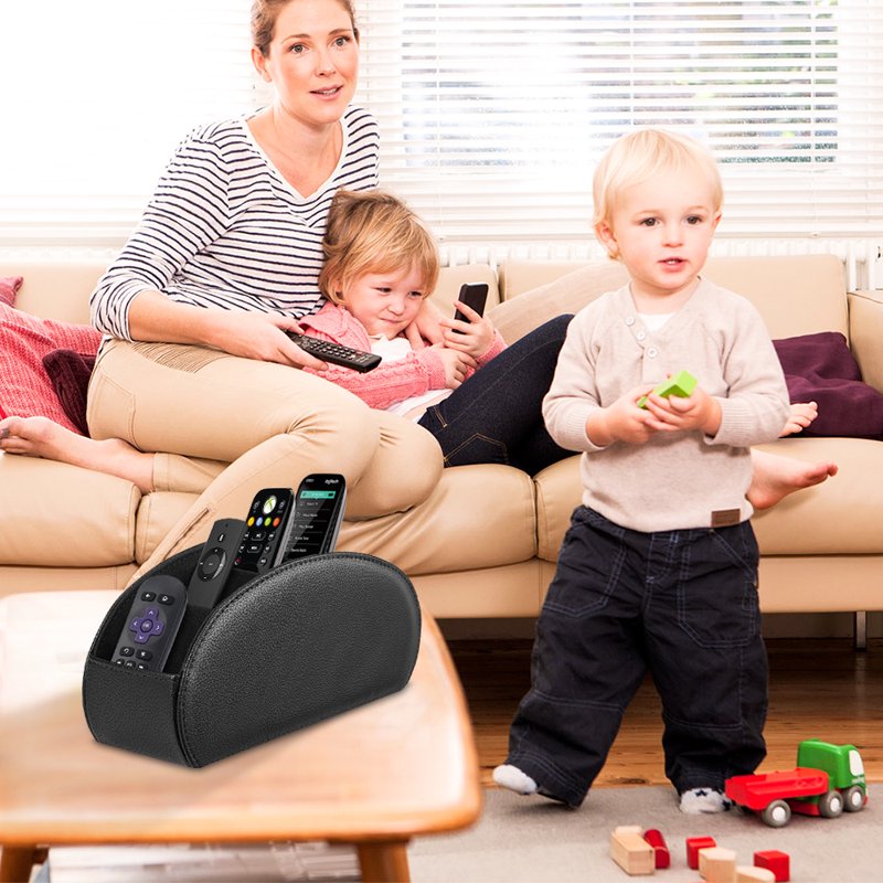 TV Remote Control Holder Organizer with 5 Compartments - PU Leather Desktop Storage Caddy