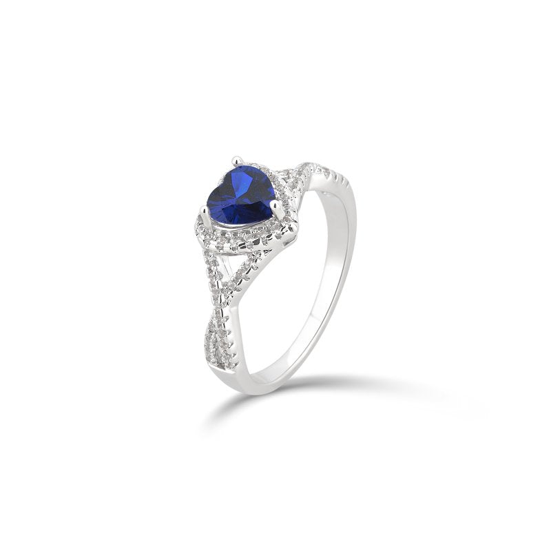 Blue Sapphire Heart Engagement Ring with White Sapphire Halo in Silver Overlay
