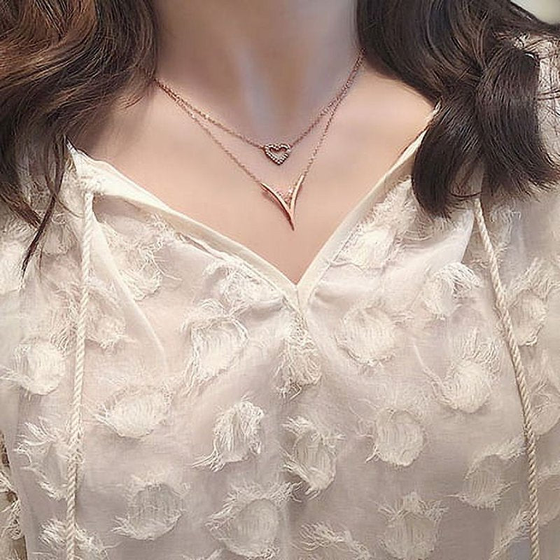 Rose Gold Layered V Heart Pendant Necklace for Women - Gift Box Included