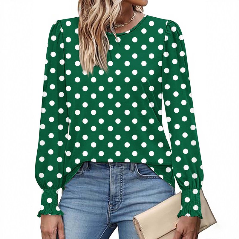 Polka Dot Flowy Blouses for Women - Relaxed Army Green Work Shirts, Crew Neck Long Sleeve
