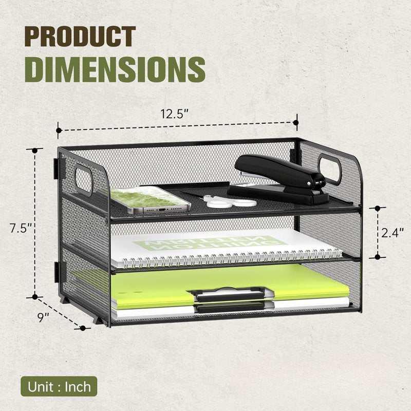 3 Tier Mesh Desktop Paper Organizer with Handles - Office & School Storage