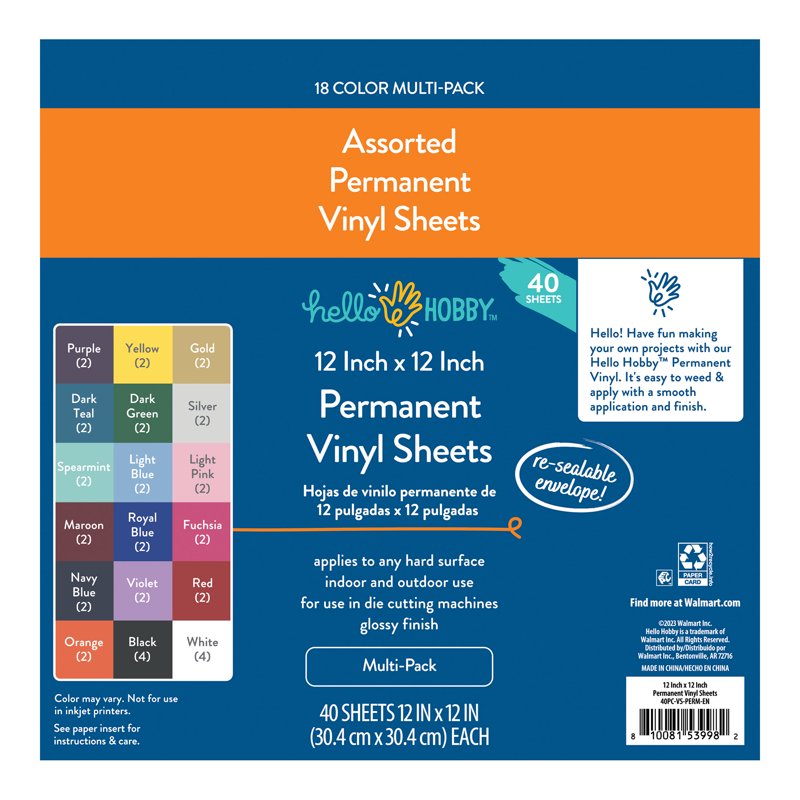 12x12 Inch Permanent Craft Vinyl Sheets Multi-Pack for DIY Projects - 40 Sheets