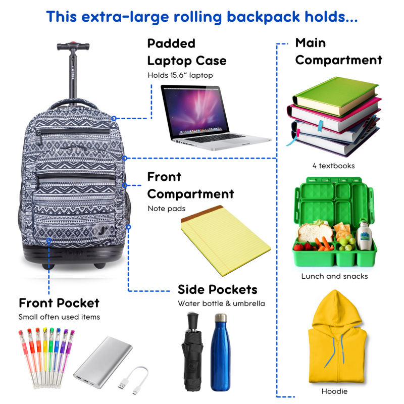 20-Inch Unisex Rolling Laptop Backpack with Multiple Compartments - Tribal Pattern