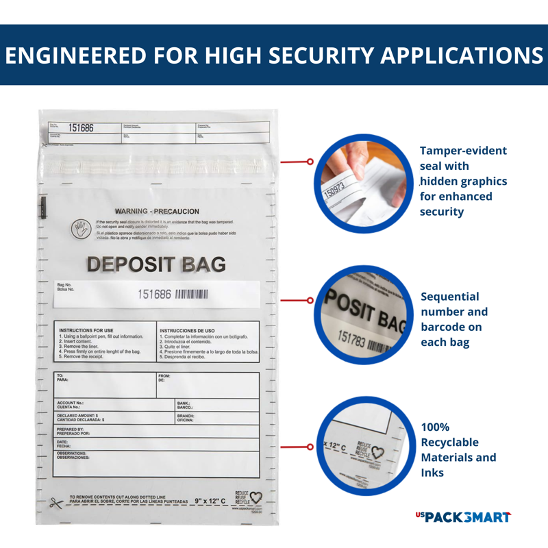 Cash Deposit Bags 9x12 Inch Clear Tamper-Evident Security Bags 100-Pack