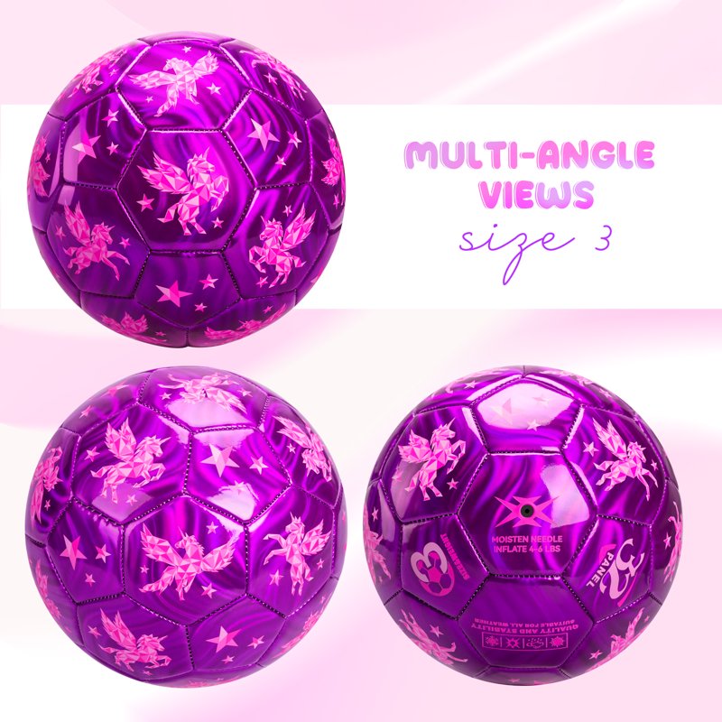 PlayZap Size 3 Cartoon Soccer Ball with Pump - Sparkly Purple Unicorn for Kids 3-8