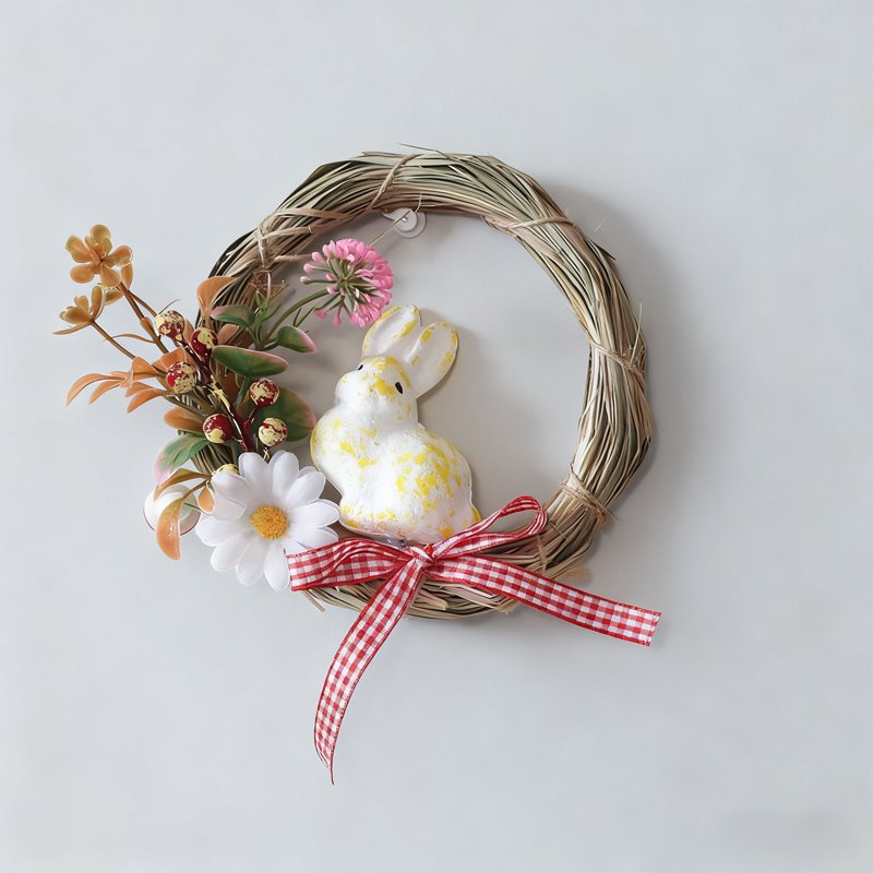 Easter Bunny Rattan Wreath Decoration - Spring Door Hanging with Eggs & Leaves