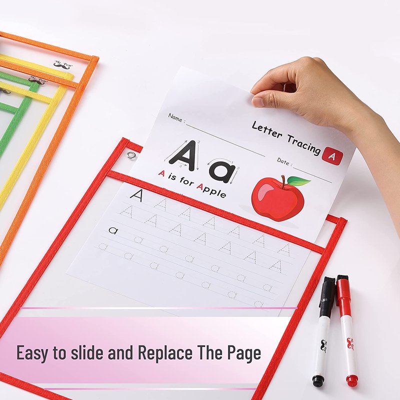Dry Erase Pocket Sleeves Set of 6 - A4 10x14 Inch Colorful Plastic Sheets