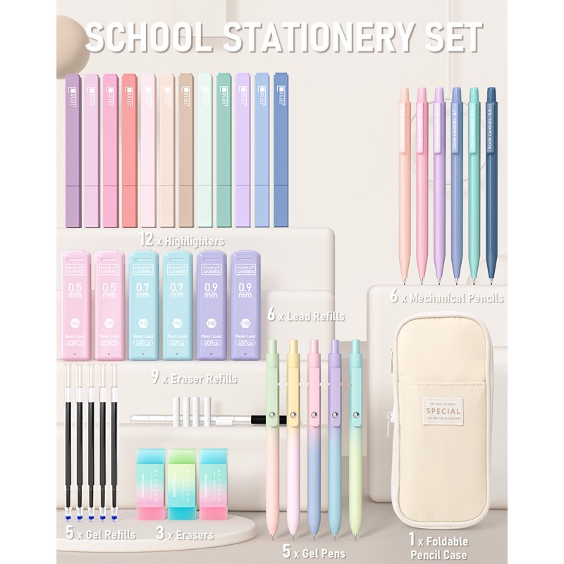 Four Candies Cream 39 PCS Cute Stationery Set with Pen Case – 5 Gel Pens, 12 Pastel Highlighters, 6 Mechanical Pencils
