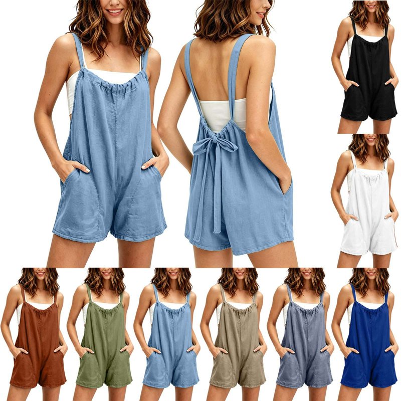 Cotton Sleeveless Backless Summer Jumpsuit for Women with Pockets & Adjustable Tie