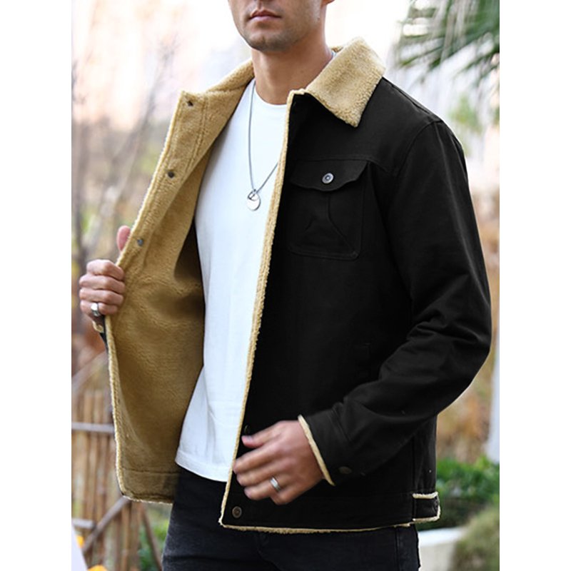 Men's Winter Trucker Jacket Thick Thermal Cotton Warm Fleece Lined Coat with Flap Pockets - Black XL