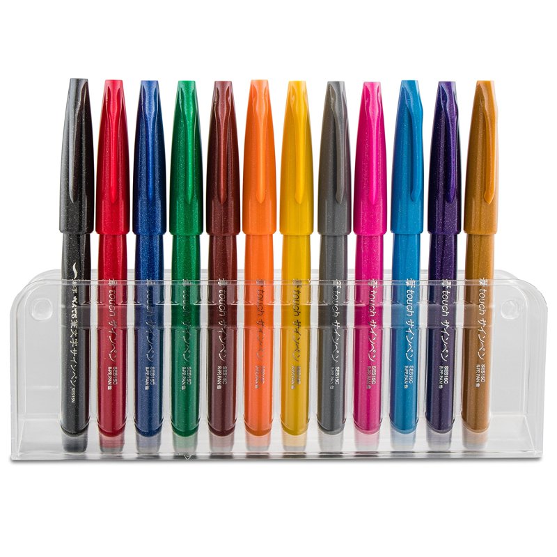 Pentel Sign Pen Brush Tip Set - 12 Vibrant Water-Based Markers for Calligraphy and Art