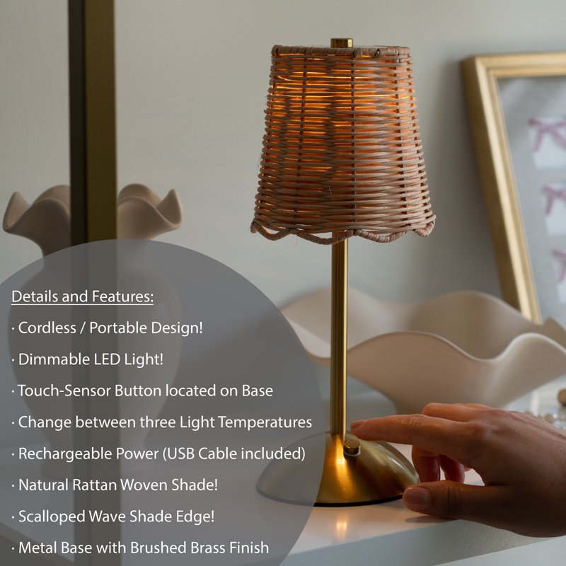 Cordless Rattan and Gold Table Lamp with Touch Dimmer - Home Decor