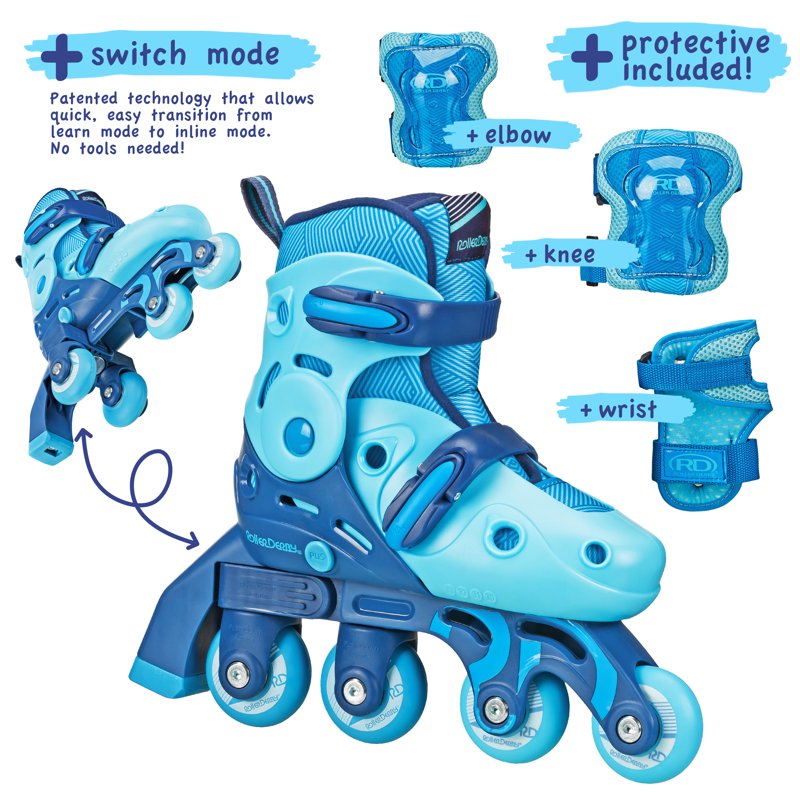 Kids Adjustable Inline & Roller Skate Combo with Protective Gear - Medium (13-3)
