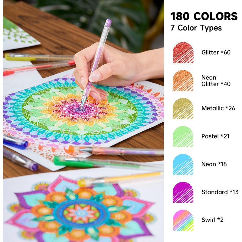 Gel Pen Set with 180 Colors & 180 Refills for Adult Coloring & Art