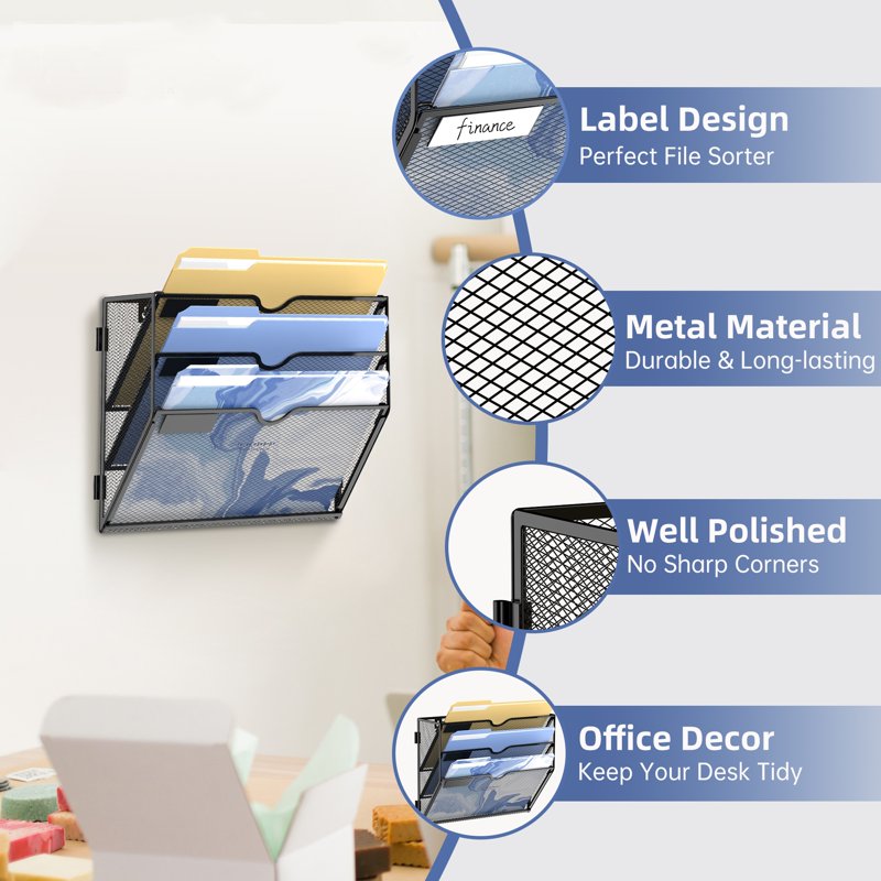 3 Tier Wall File Organizer - Metal Hanging Document Holder for Office & Home