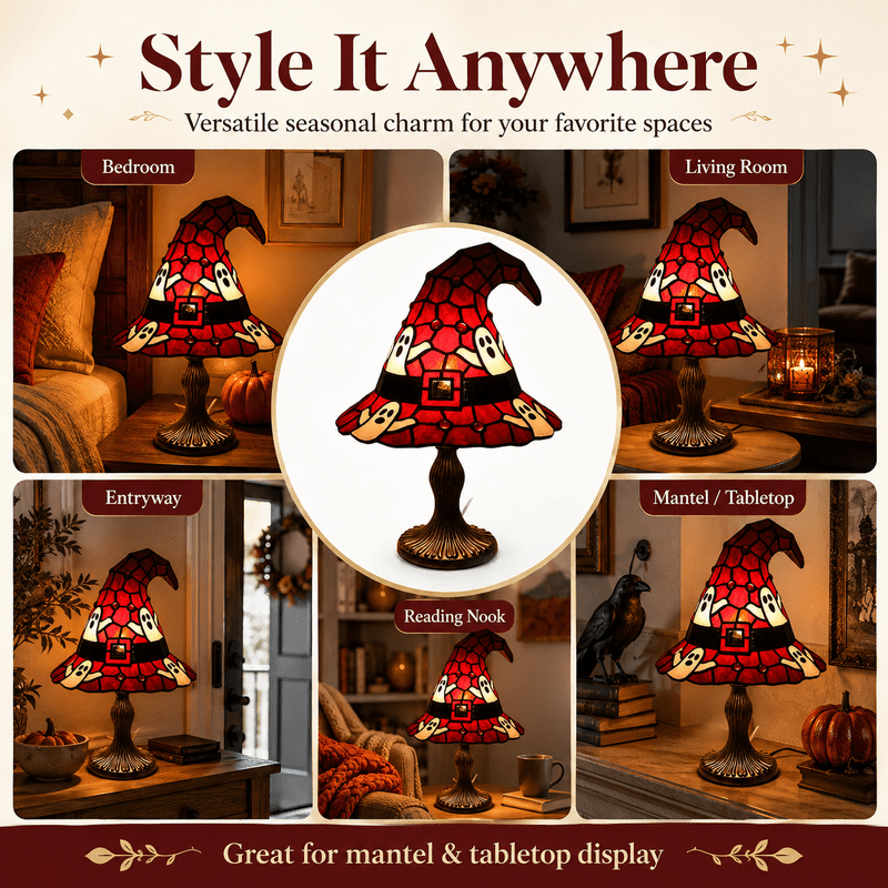 Diceymbol Halloween Stained Glass Witch Hat Lamp with Ghost Pattern – 8 Inch, K Variation