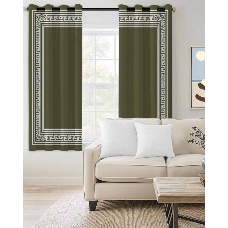 Olive Green Greek Key Blackout Curtains - Geometric Room Darkening Drapes
