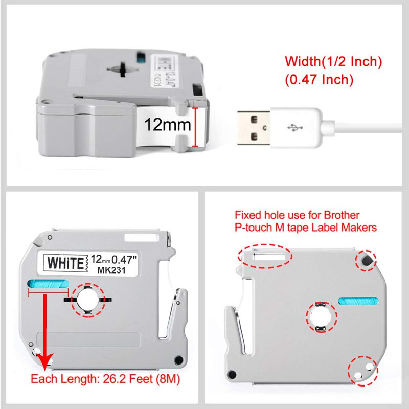 5 Pack Compatible 12mm Label Tape for Brother P Touch M-K231 M-K431 M-K531 M-K631 M-K731