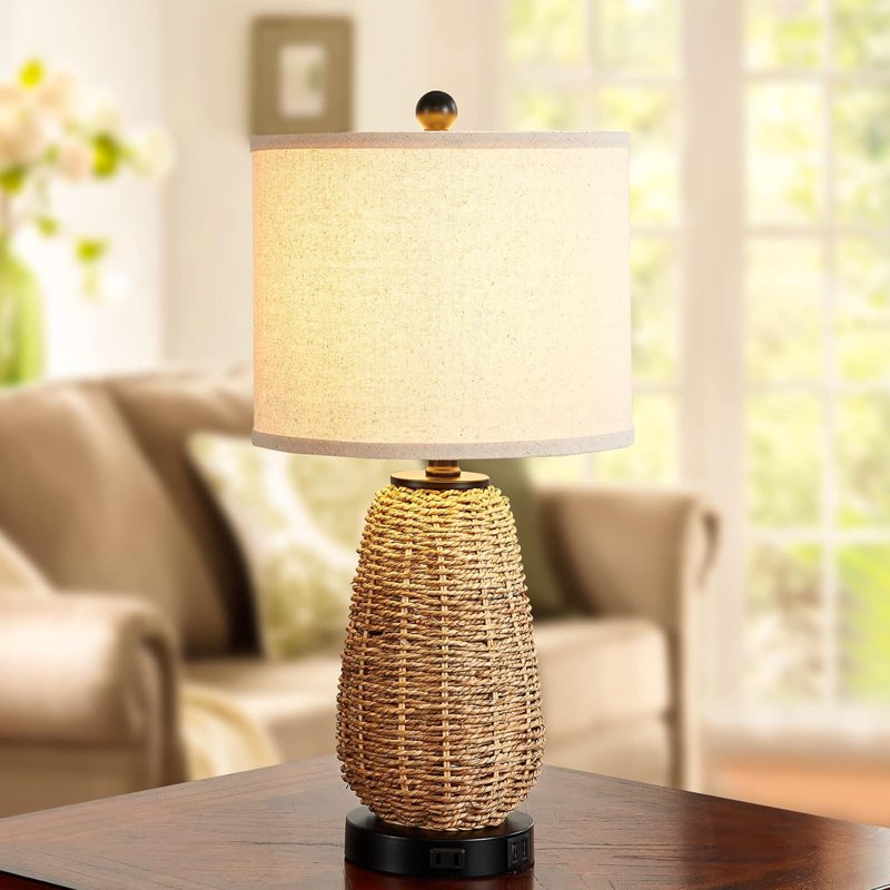 Set of 2 Touch Control Farmhouse Rattan & Linen Table Lamps with USB & Outlet