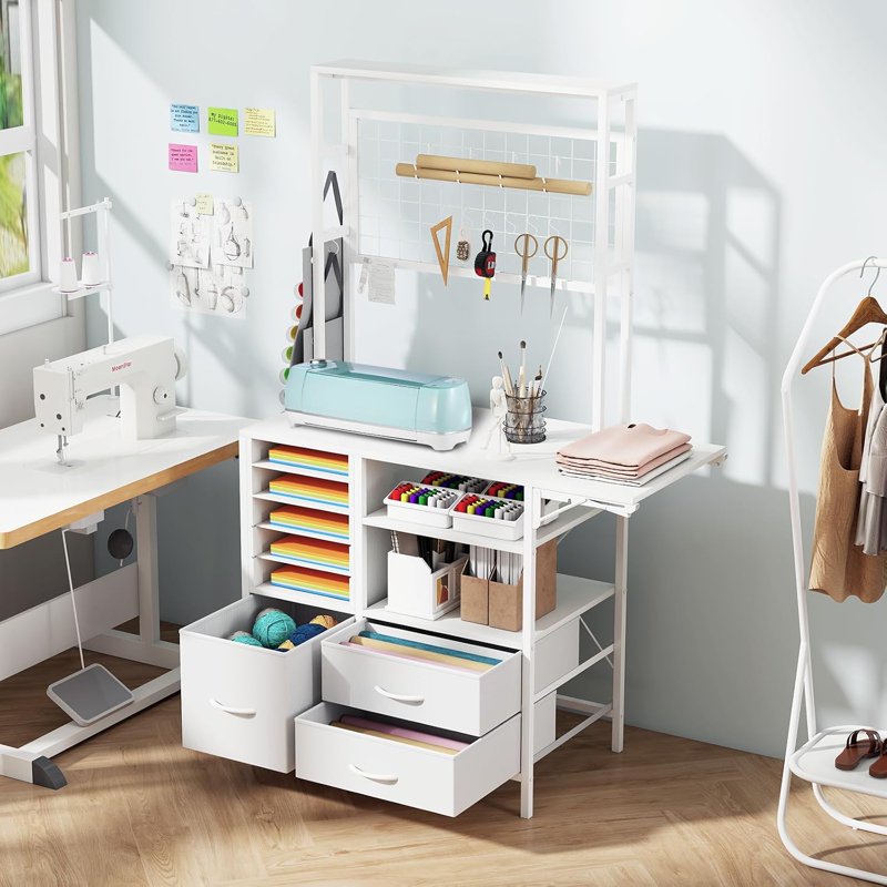 L-Shaped Craft Storage Cabinet with Fold-Out Workbench & Vinyl Holders