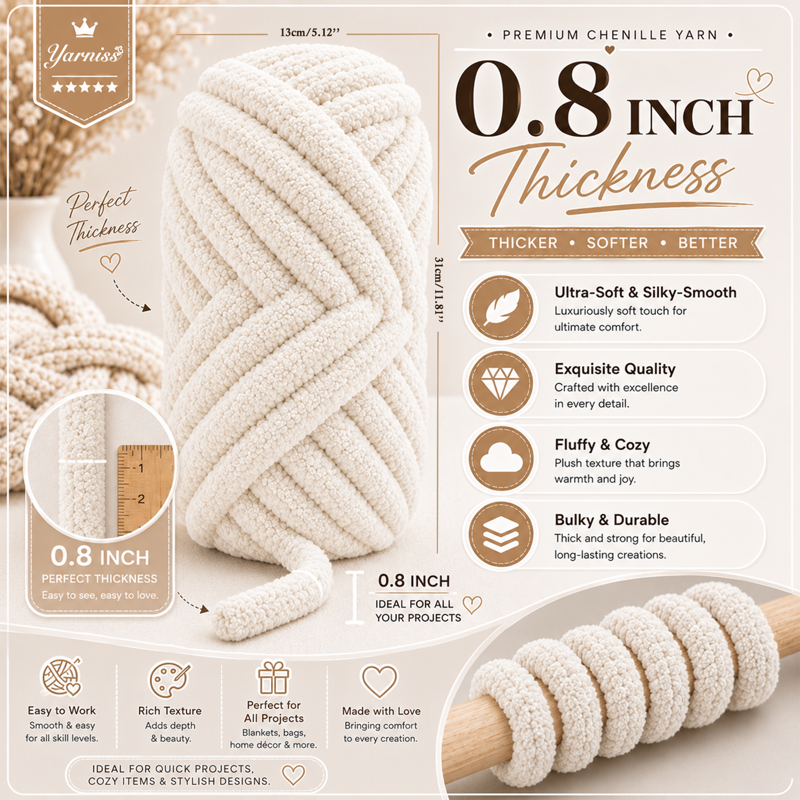 Chunky Chenille Yarn Set - 8 Rolls of Bulky Knitting & Crocheting Yarn for Blankets