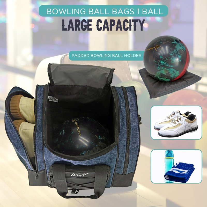 WOLT Single Bowling Ball Tote Bag - Blue, Padded Ball Holder, 2 Shoe Pockets
